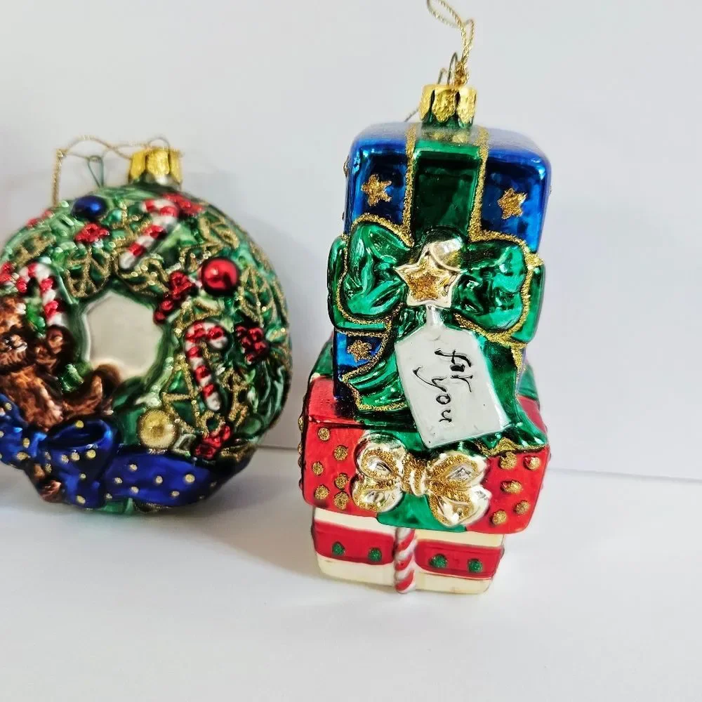 Vintage Brass Key Hand-Painted Glass Christmas Ornaments Bear Wreath Gift Stack